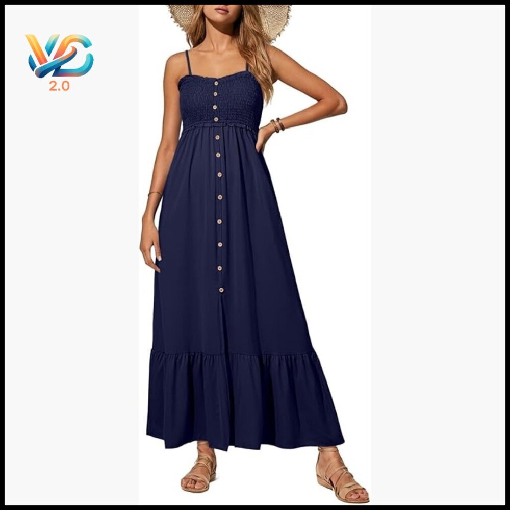Sleeveless Maxi Dress with Pockets Smocked Bodice Adjustable Straps